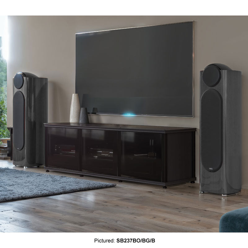Salamander Designs Synergy 237 AV Cabinet SB237W/BG/A, black media console and tower speakers installed room view
