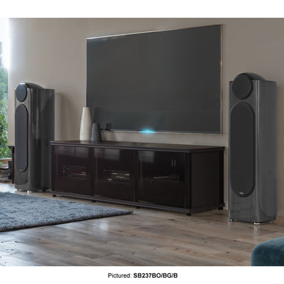Salamander Designs Synergy 237 AV Cabinet SB237W/BG/A, black media console and tower speakers installed room view