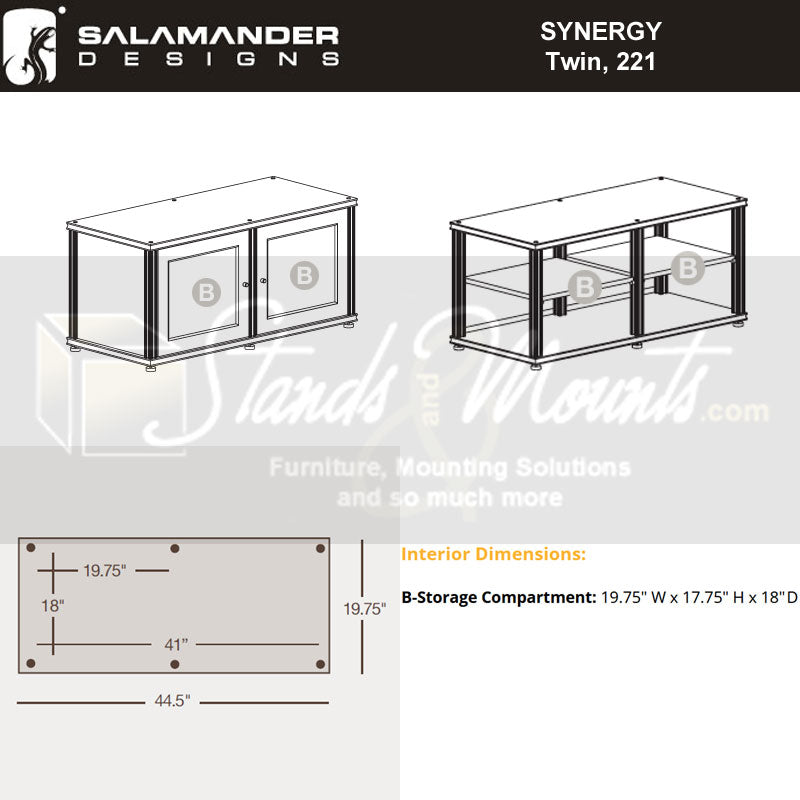 Salamander Designs Synergy 221 AV Cabinet SB221W/A, AV cabinet interior dimensions diagram