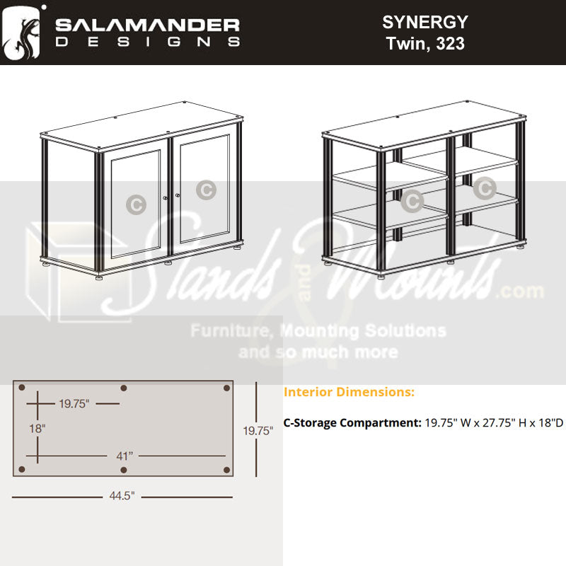 Salamander Designs Synergy 323 AV Cabinet SB323W/BG/B, AV cabinet interior dimensions diagram