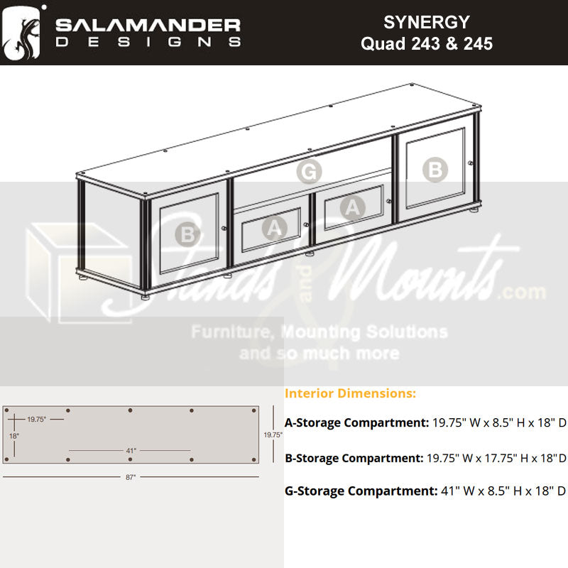 Salamander Designs Synergy 243 AV Cabinet 243C/BG/A, AV cabinet storage compartment dimensions diagram
