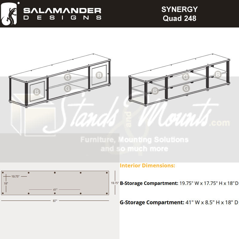 Salamander Designs Synergy 248 AV Cabinet SB248BO/BG/A, storage compartment dimensions diagram