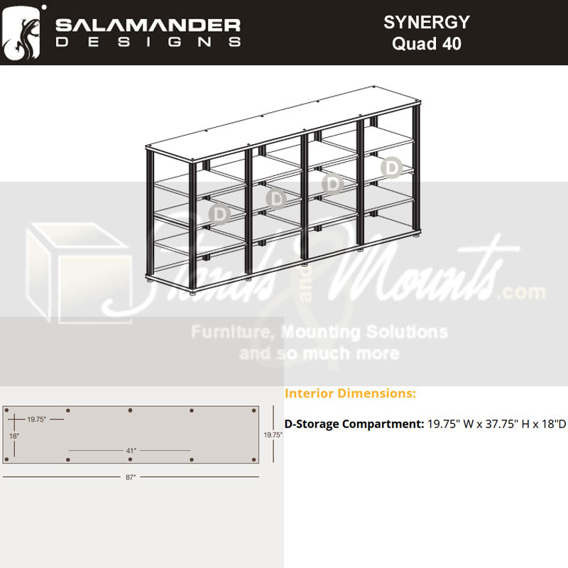 Salamander Designs Synergy Core Module Quad 40 SQ40W/A, storage cabinet compartment dimensions diagram