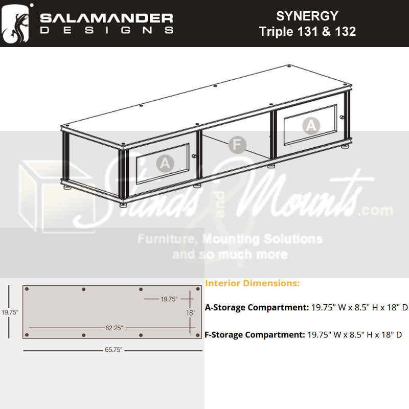 Salamander Designs Synergy 131 AV Cabinet SB131C/BG/B, video wall console dimensions diagram