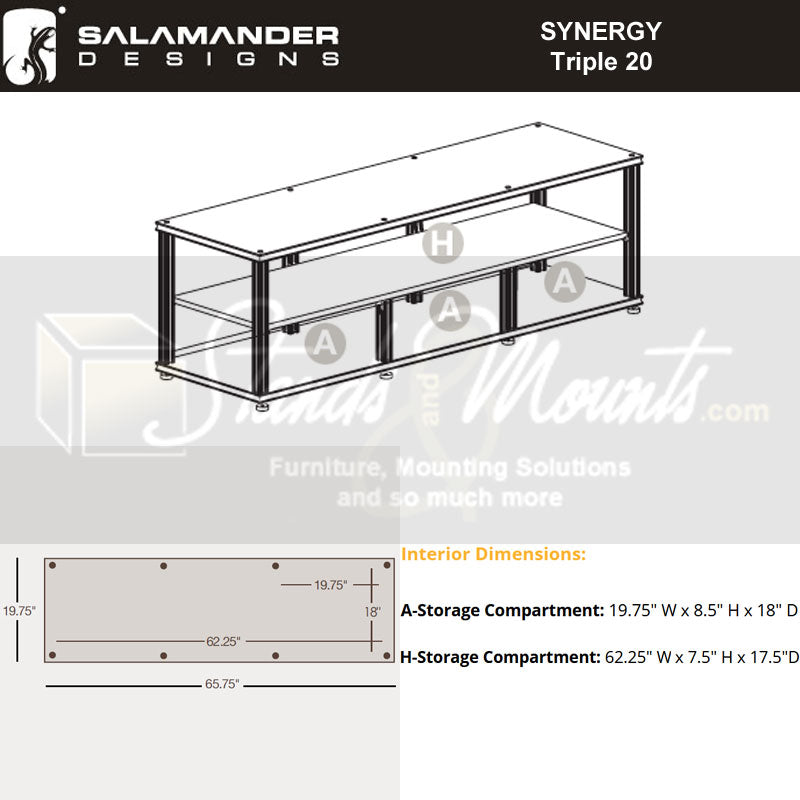 Salamander Designs Synergy Core Module Triple 20 SLC20W/A, AV cabinet storage compartment dimensions diagram