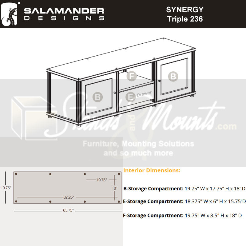 Salamander Designs Synergy 236 AV Cabinet SB236W/BG/B, triple-bay AV cabinet dimensions diagram