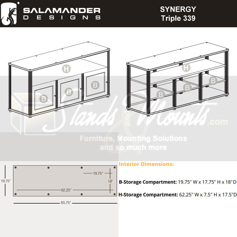 Salamander Designs Synergy 339 AV Cabinet SB339W/BG/B, AV cabinet interior dimensions diagram