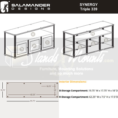 Salamander Designs Synergy 339 AV Cabinet SB339W/BG/B, AV cabinet interior dimensions diagram