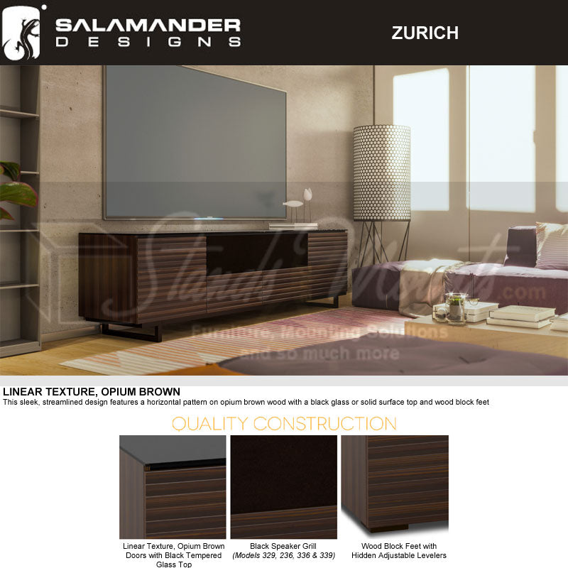 Salamander Designs Zurich 347 AV Cabinet C/ZU347/OB, AV cabinet installed living room view and construction details