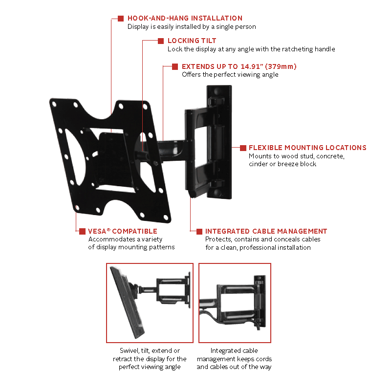 Peerless-AV PARAMOUNT Medium Articulating TV Wall Mount PA740, articulating TV wall mount features diagram