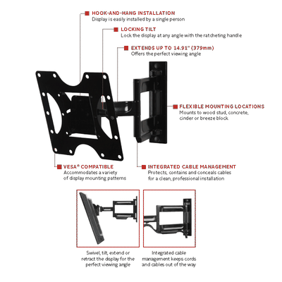 Peerless-AV PARAMOUNT Medium Articulating TV Wall Mount PA740, articulating TV wall mount features diagram