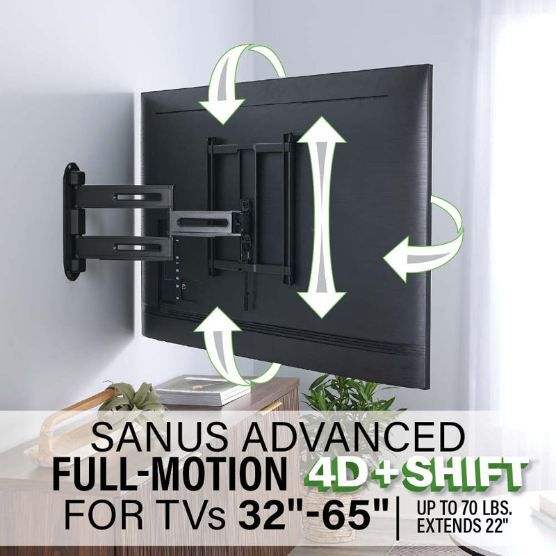 Sanus Medium Adv Full-Motion 4D + Shift TV Mount VMF822-B2, four-direction shift wall mount feature