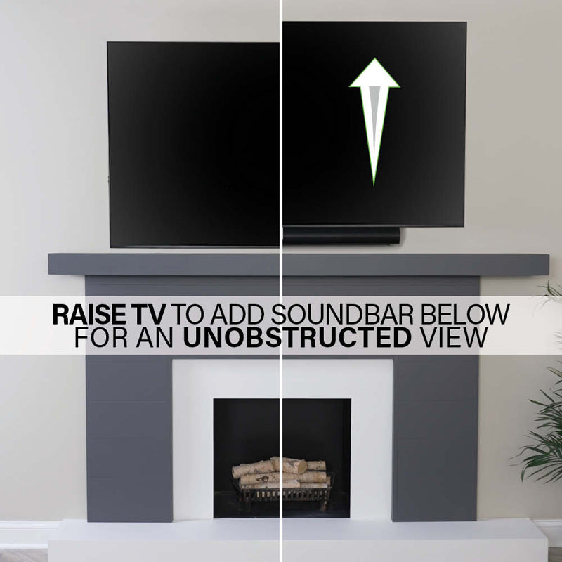 Sanus Medium Adv Full-Motion 4D + Shift TV Mount VMF822-B2, display raised to create space for a soundbar