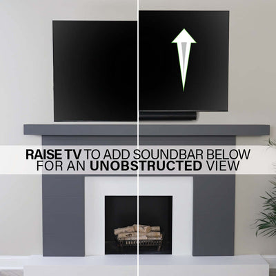 Sanus Medium Adv Full-Motion 4D + Shift TV Mount VMF822-B2, display raised to create space for a soundbar