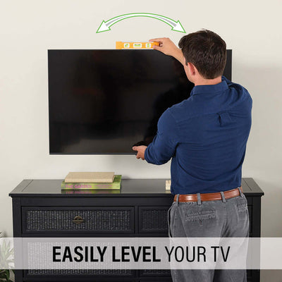 Sanus Small Adv Full-Motion 4D + Shift TV Mount VSF817-B2, person leveling a wall-mounted television