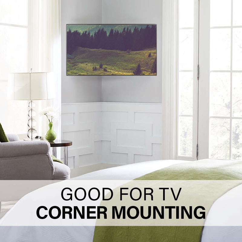 Sanus Small Adv Full-Motion 4D + Shift TV Mount VSF817-B2, television mounted in a bedroom corner