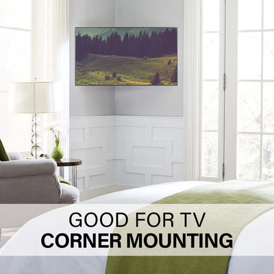 Sanus Small Adv Full-Motion 4D + Shift TV Mount VSF817-B2, television mounted in a bedroom corner