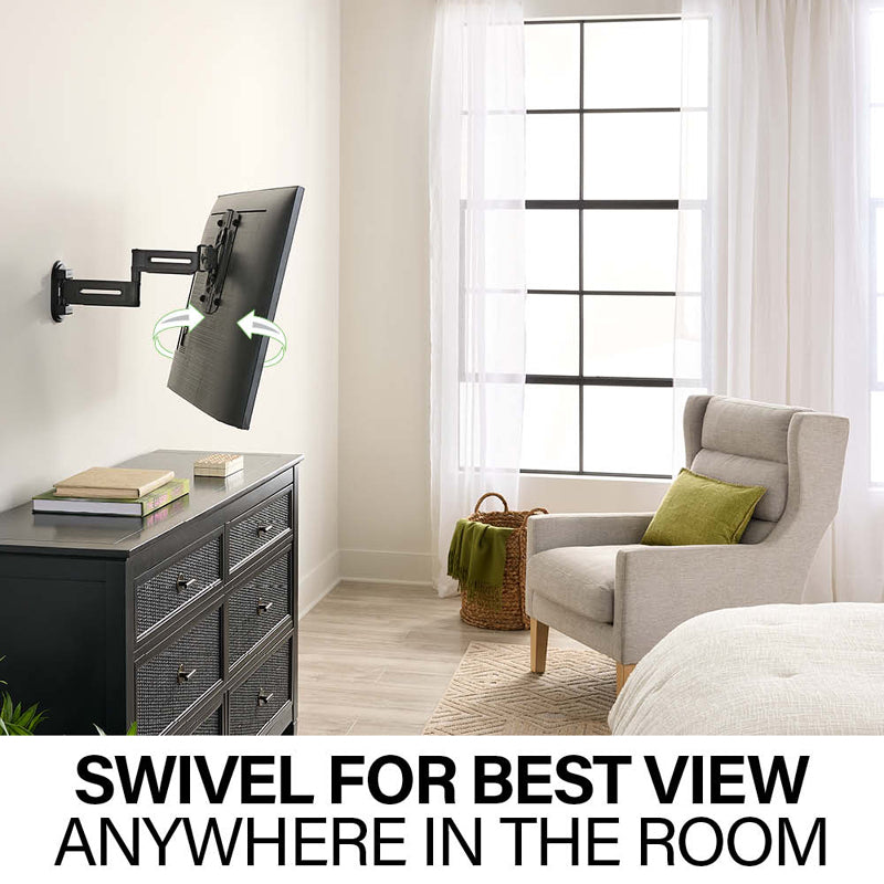 Sanus Small Adv Full-Motion 4D + Shift TV Mount VSF817-B2, wall-mounted television swiveled toward a room