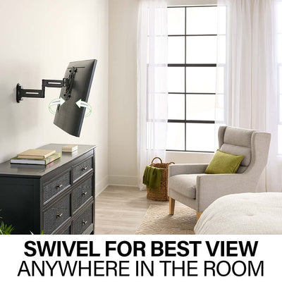 Sanus Small Adv Full-Motion 4D + Shift TV Mount VSF817-B2, wall-mounted television swiveled toward a room