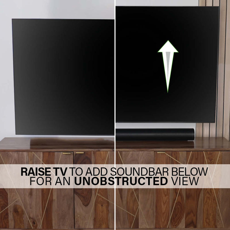 Sanus Small Adv Full-Motion 4D + Shift TV Mount VSF817-B2, television raised to provide clearance for a soundbar