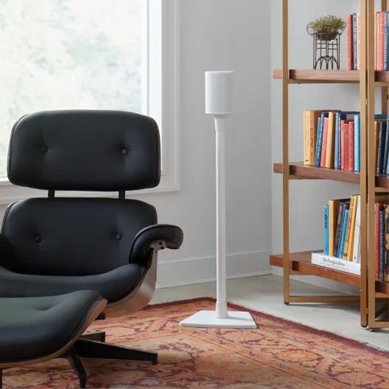 Sanus Fixed Speaker Stand WSSE11-W2, white speaker stand in living room