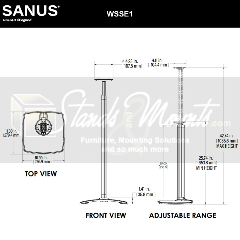 Sanus Height Adjust Speaker Stands WSSE1A2-W2, speaker stand dimensions diagram