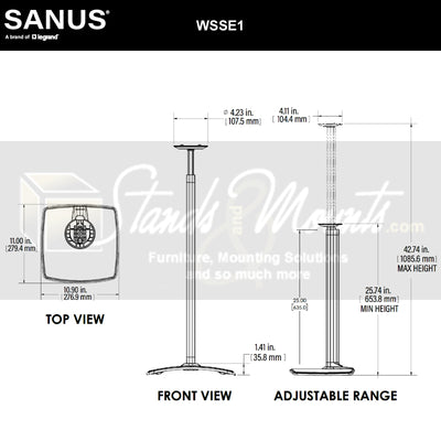 Sanus Height Adjust Speaker Stands WSSE1A2-W2, speaker stand dimensions diagram