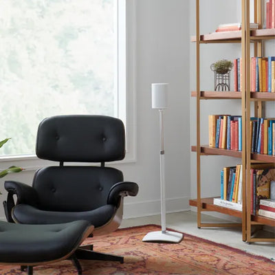 Sanus Height Adjust Speaker Stand WSSE1A1-W2, speaker floor stand installed beside a lounge chair