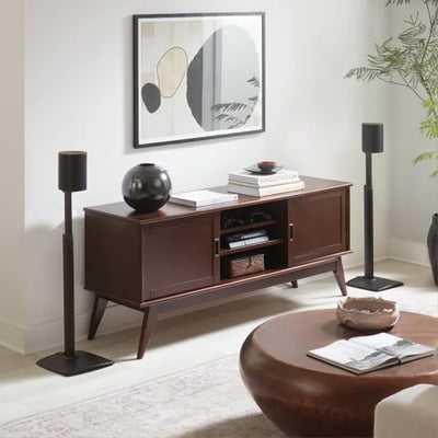 Sanus Height Adjust Speaker Stands WSSE1A2-B2, speaker stands installed beside media console
