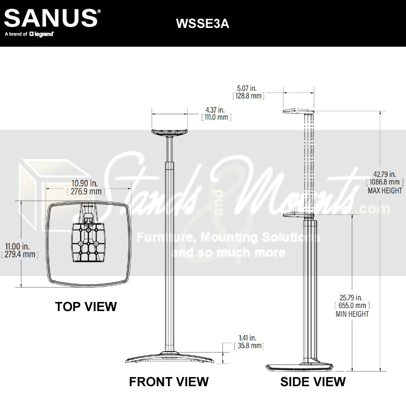 Sanus Height Adjust Speaker Stand WSSE3A1-W2, speaker floor stand dimensions diagram