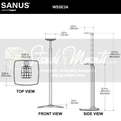 Sanus Height Adjust Speaker Stand WSSE3A1-W2, speaker floor stand dimensions diagram