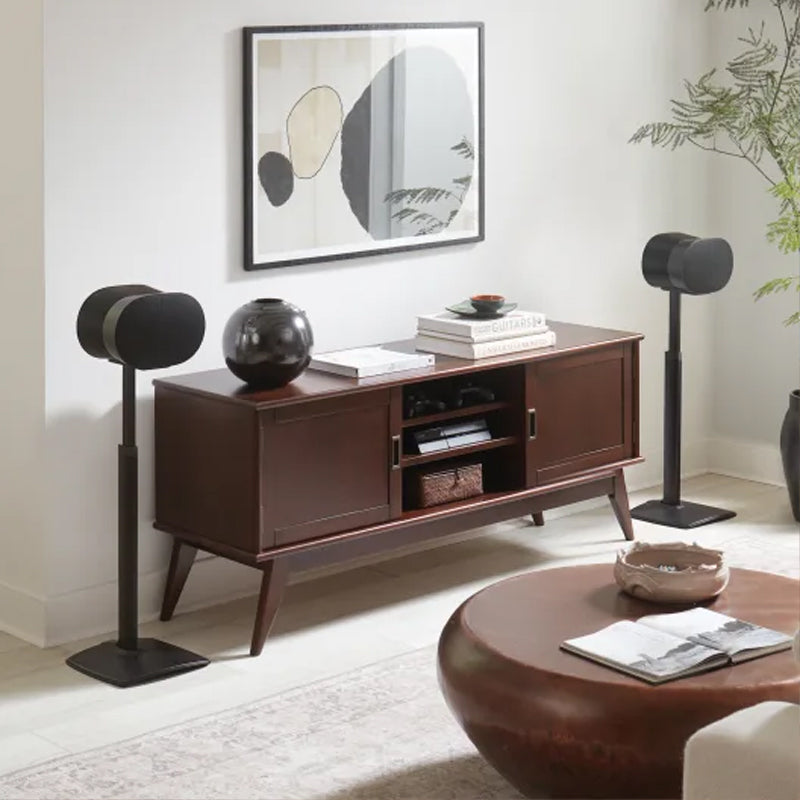 Sanus Height Adjust Speaker Stands WSSE3A2-B2, speaker floor stand pair installed living room view