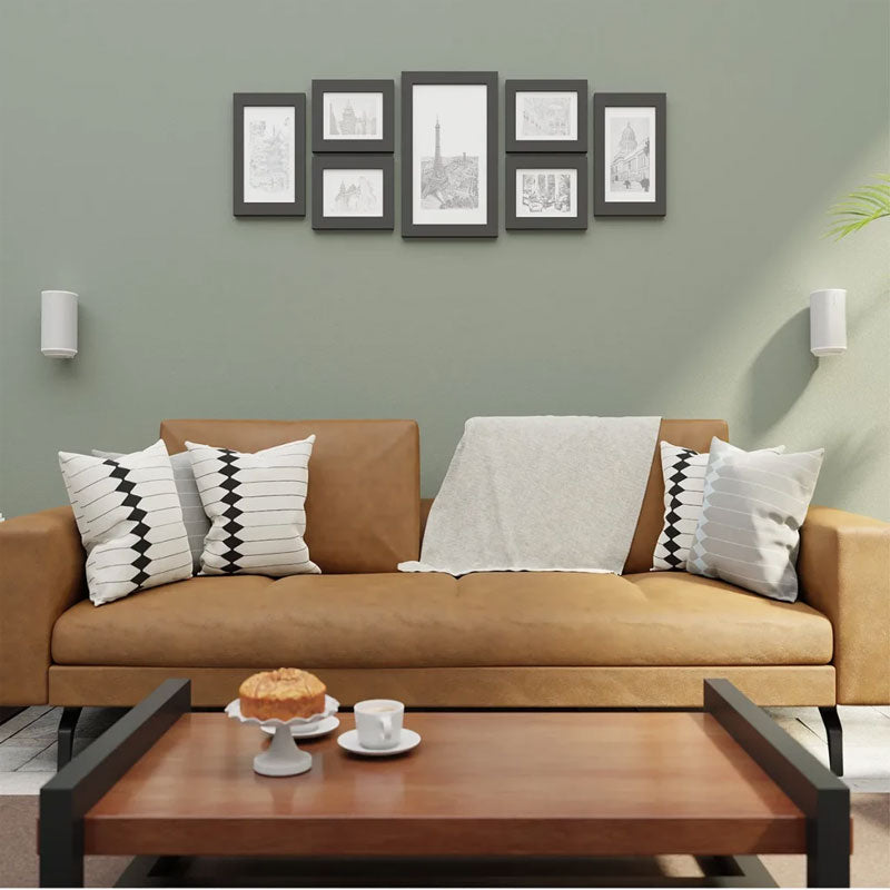 Sanus Fixed Speaker Wall Mounts WSFME12-W2, speaker wall mount pair installed living room view
