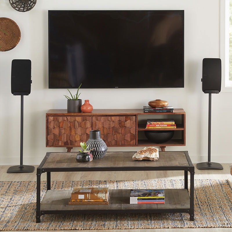 Sanus Fixed Speaker Stands WSS52-B2, dual speaker stands installed living room view