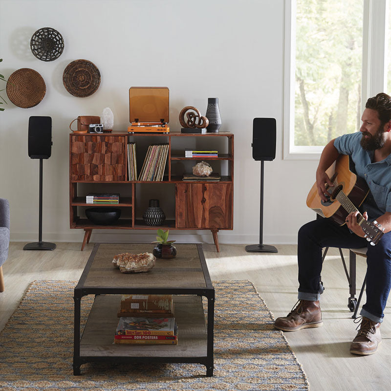 Sanus Fixed Speaker Stands WSS52-B2, dual speaker stands installed listening room