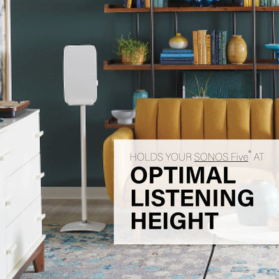 Sanus Fixed Speaker Stands WSS52-W2, white speaker floor stand installed living room view