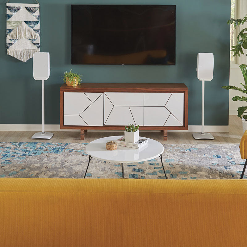 Sanus Fixed Speaker Stands WSS52-W2, white Sonos Five floor stands installed front room view
