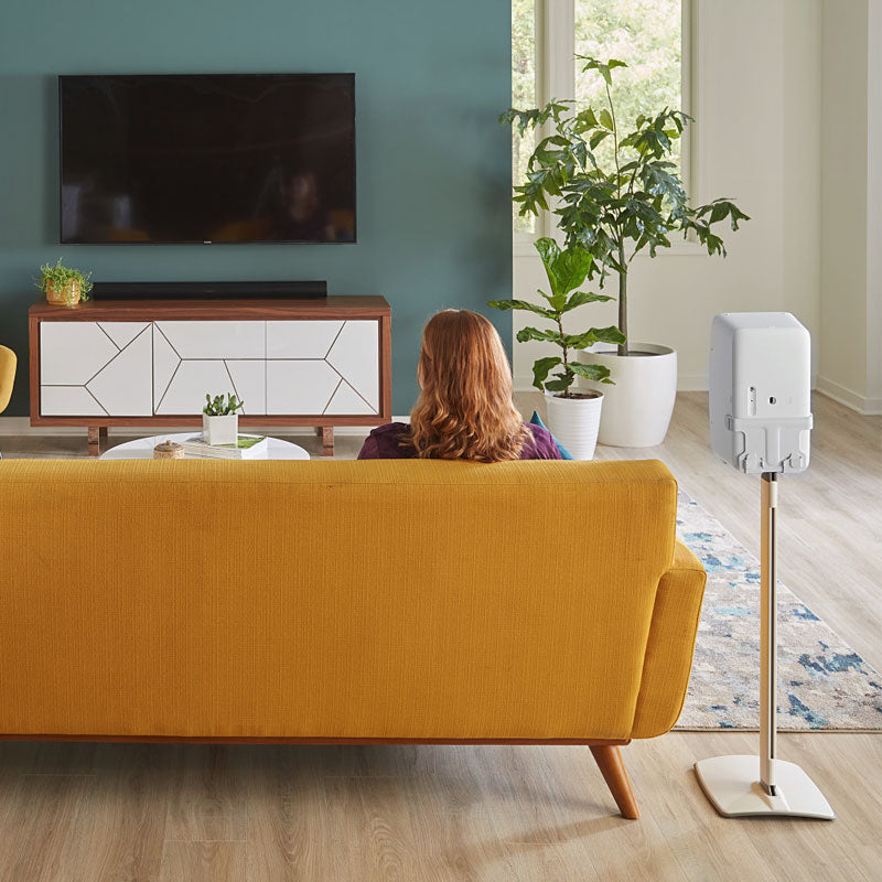 Sanus Fixed Speaker Stands WSS52-W2, white Sonos Five floor stands installed rear room view