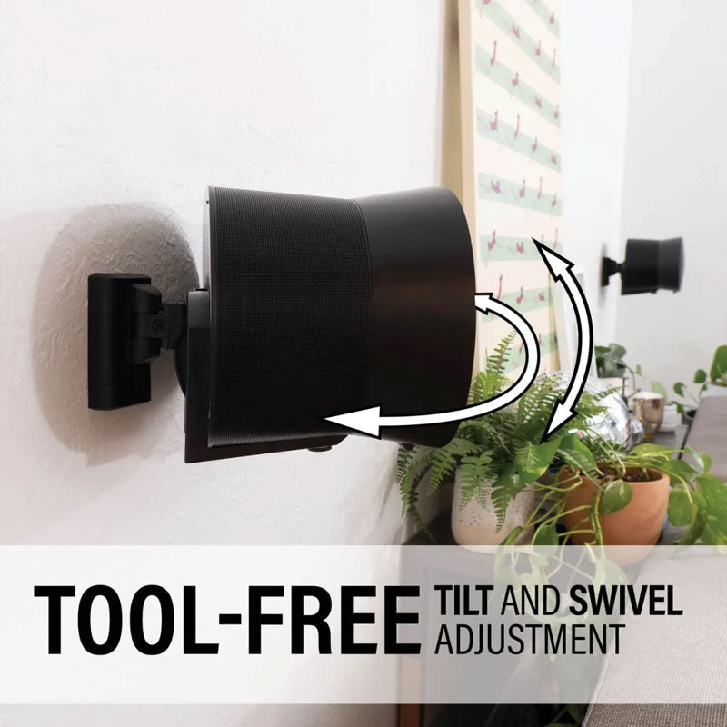 Sanus Adjustable Speaker Wall Mounts WSWME32-B2, tool-free speaker tilt and swivel adjustment demonstration