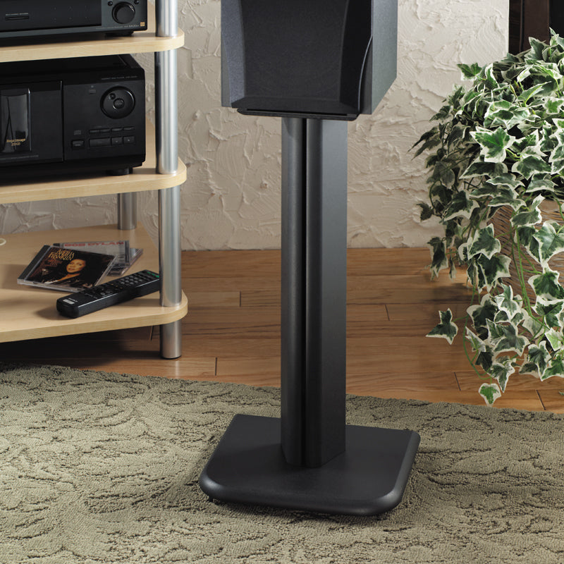 Sanus Basic Series Wood Speaker Stands BF24-B1, speaker stand installed living room view