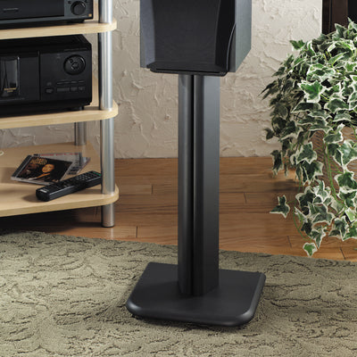 Sanus Basic Series Wood Speaker Stands BF24-B1, speaker stand installed living room view
