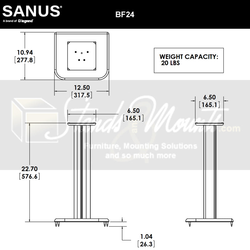 Sanus Basic Series Wood Speaker Stands BF24-B1, speaker stand dimensions diagram