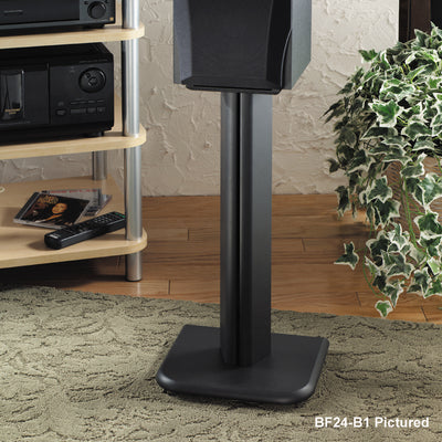 Sanus Basic Series Wood Speaker Stands BF31-B1, black speaker floor stand installed in a living room