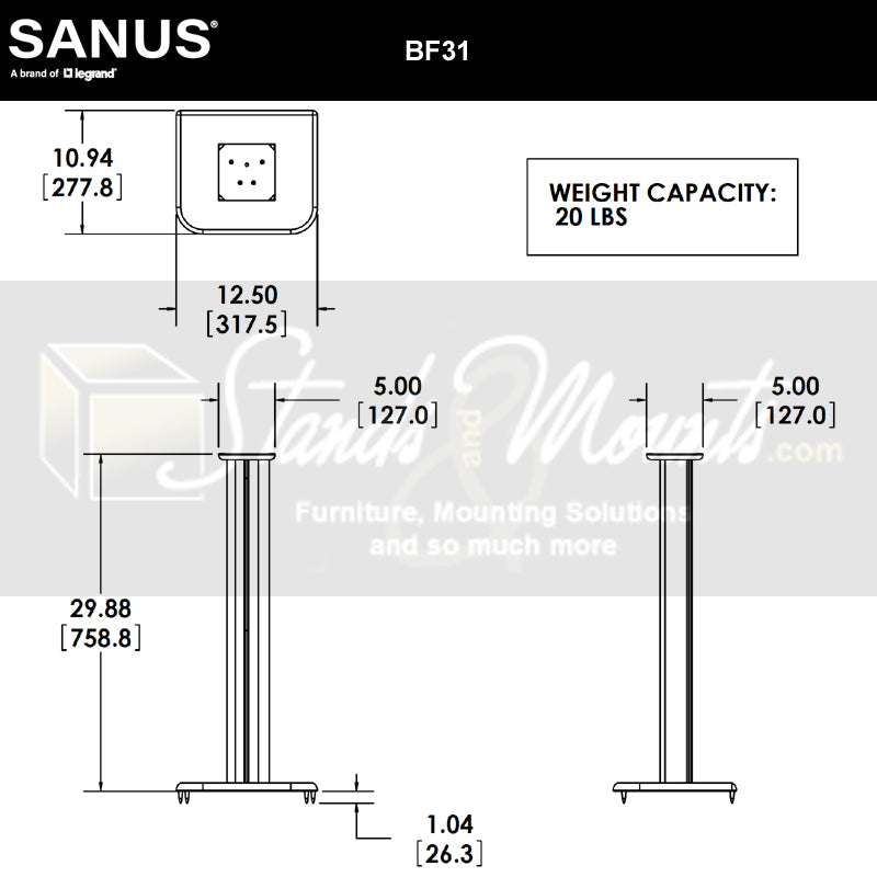 Sanus Basic Series Wood Speaker Stands BF31-B1, speaker floor stand height and base dimensions