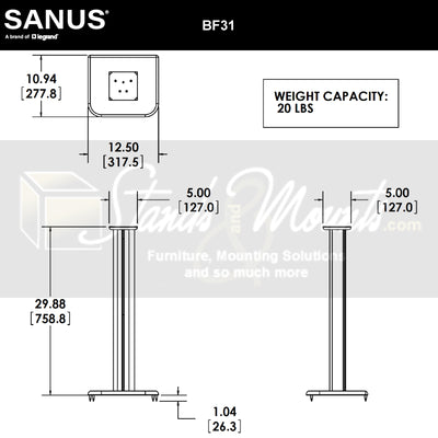 Sanus Basic Series Wood Speaker Stands BF31-B1, speaker floor stand height and base dimensions