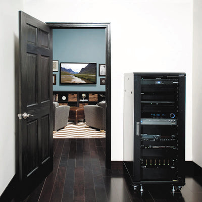 Sanus EcoSystem High Volume Rack Fan CAFH01-B1, equipment rack installed outside a home theater room