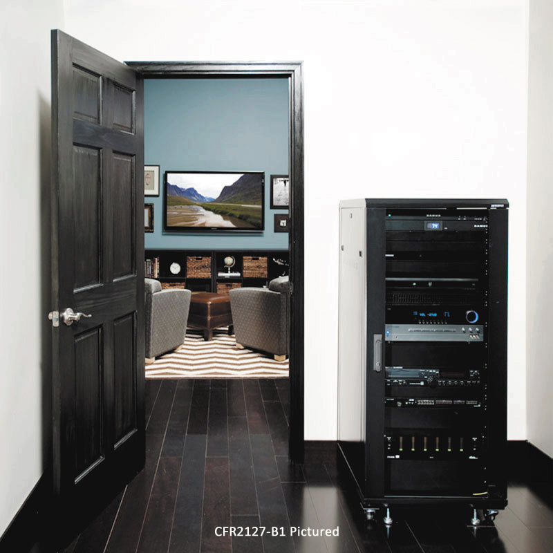 Sanus Component Series AV Rack CFR2115-B1, rolling equipment rack installed beside home theater