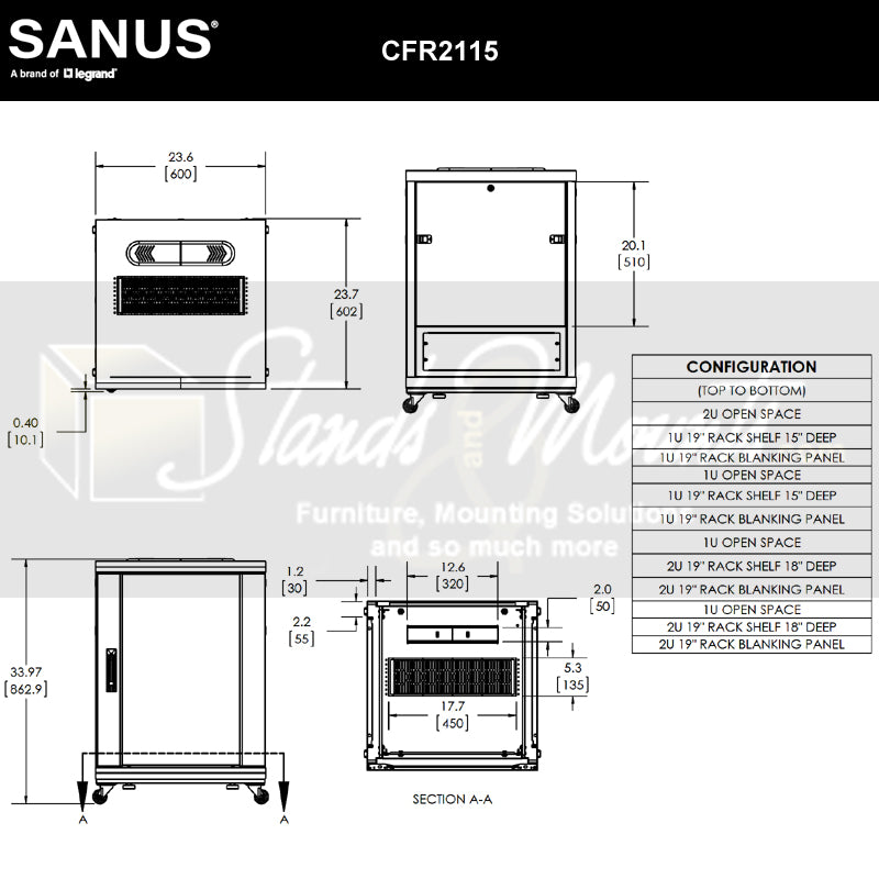 Sanus Component Series AV Rack CFR2115-B1, rolling equipment rack dimensions diagram