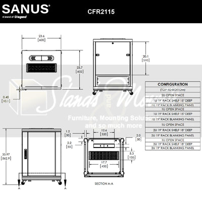 Sanus Component Series AV Rack CFR2115-B1, rolling equipment rack dimensions diagram