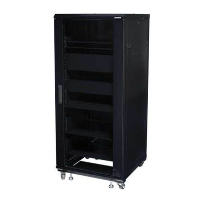 Sanus Component Series AV Rack CFR2127-B1, black equipment rack, left perspective